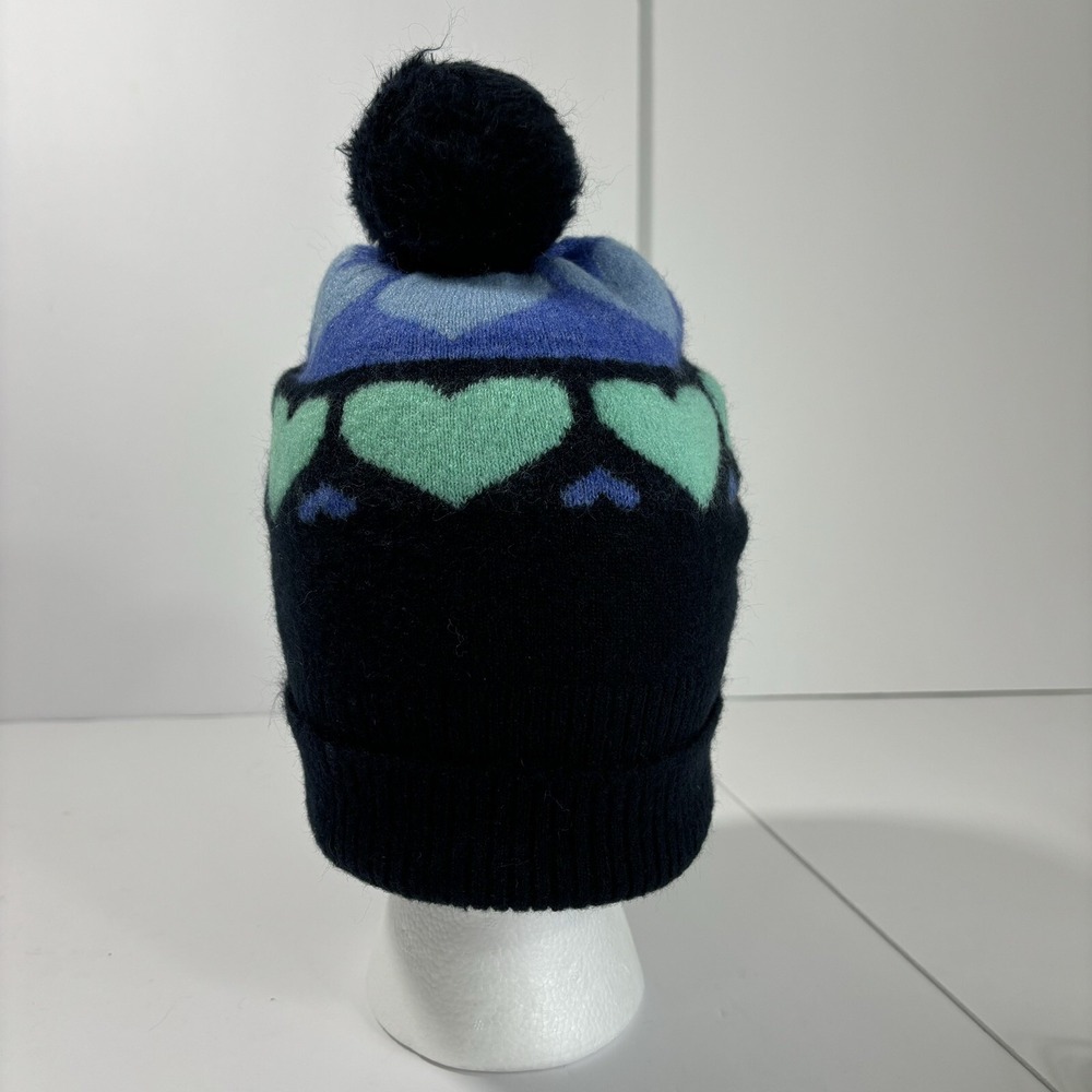 Talbots Heart Pattern Knit Hat Navy Blue White Turquoise - Picture 3 of 3